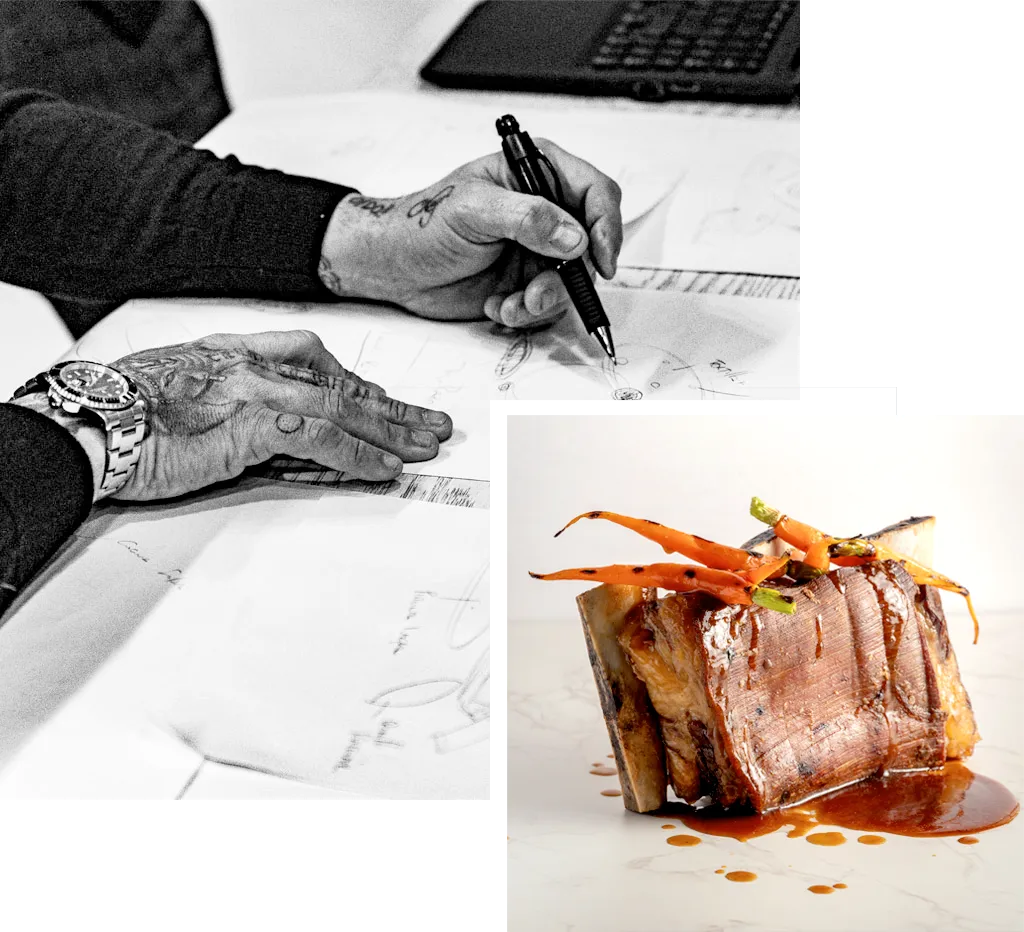 Las manos del Chef Aurelio Morales realizando un boceto de un plato de Level Cook y plato terminado